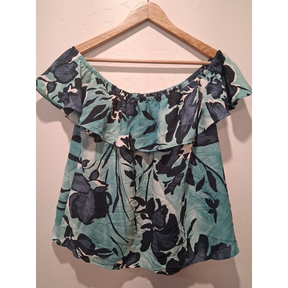 Maeve Anthropologie Women's Size S Teal Navy Blue Off Shoulder Ruffle Blouse